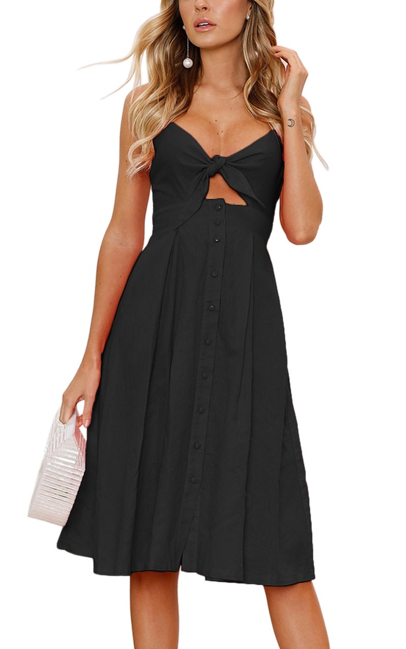 ECOWISH Women 2024 Summer Dresses Tie Front V-Neck Spaghetti Strap Button Down A-Line Backless Swing Midi Dress 572 Black L - Image 1
